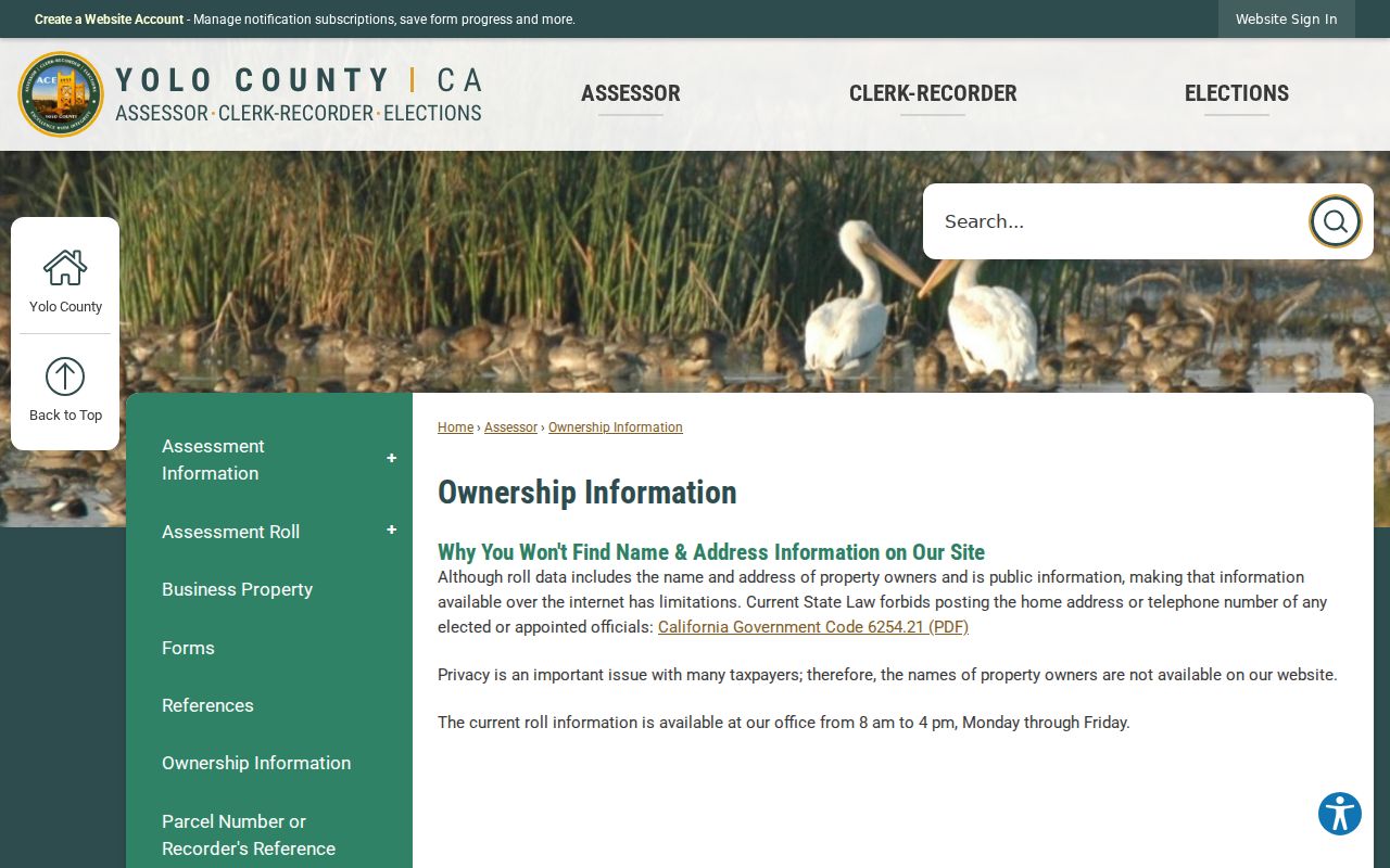 Yolo street directory assessor ownership access limits