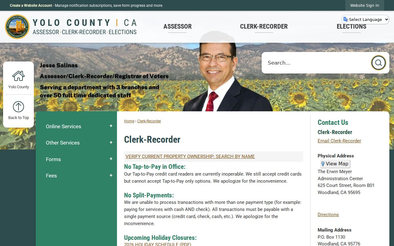 Yolo ZIP code directory Clerk-Recorder services